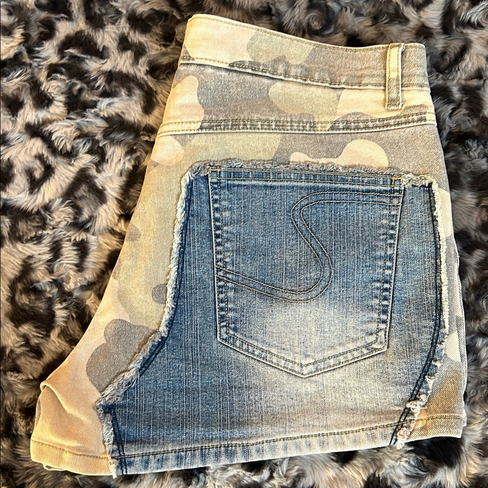 Lazerjeans Camouflage Denim Shorts with Jean patchwork detail